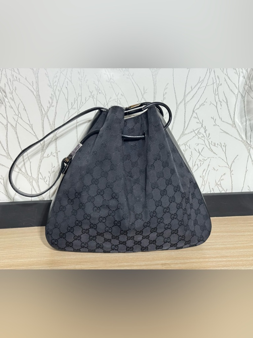 Authentic Gucci GG Canvas Black/Gray Shoulder Hobo Bag with Leather Trim